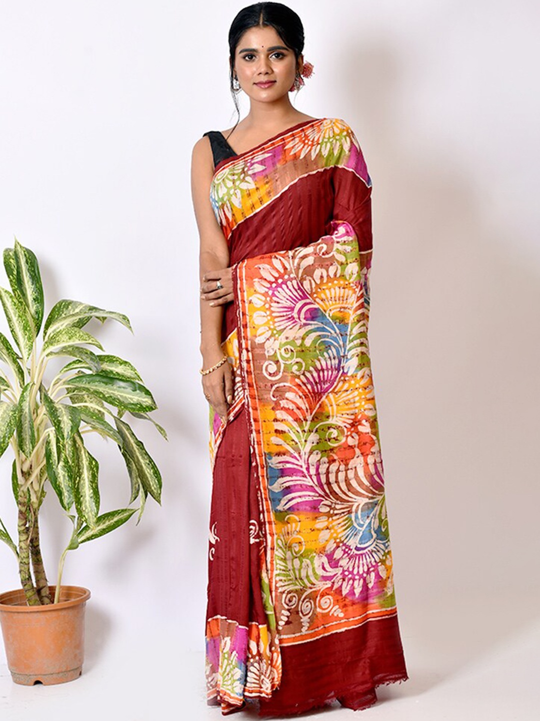 

AllSilks Striped Art Silk Saree, Red