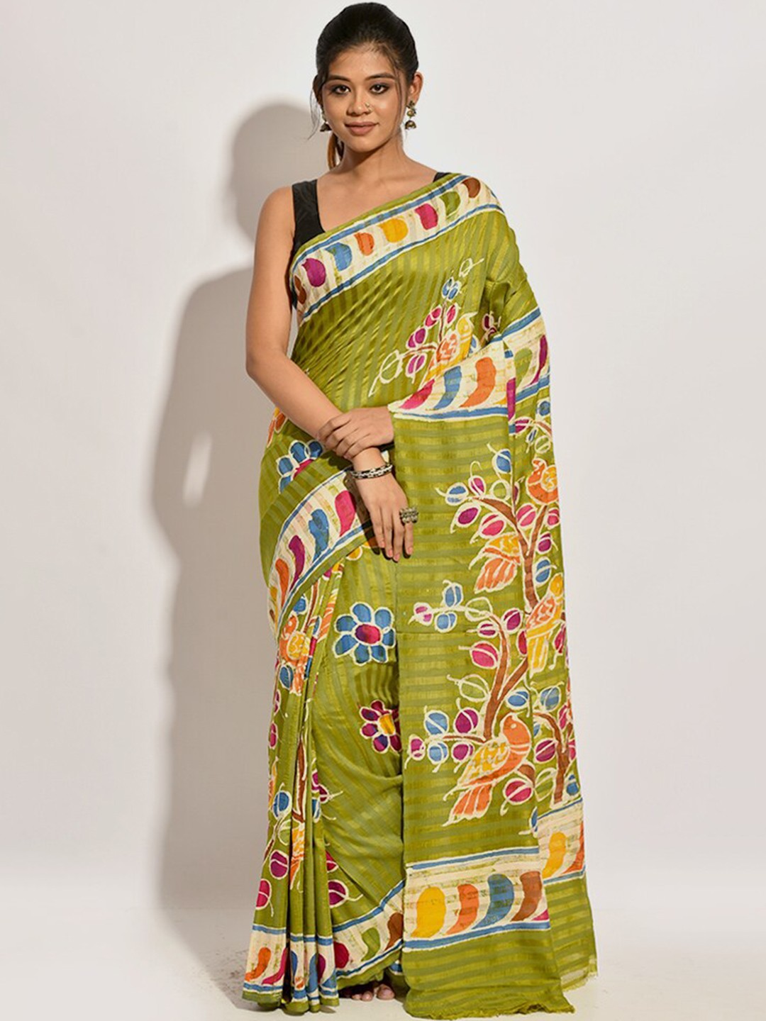 

AllSilks Floral Printed Art Silk Saree, Green