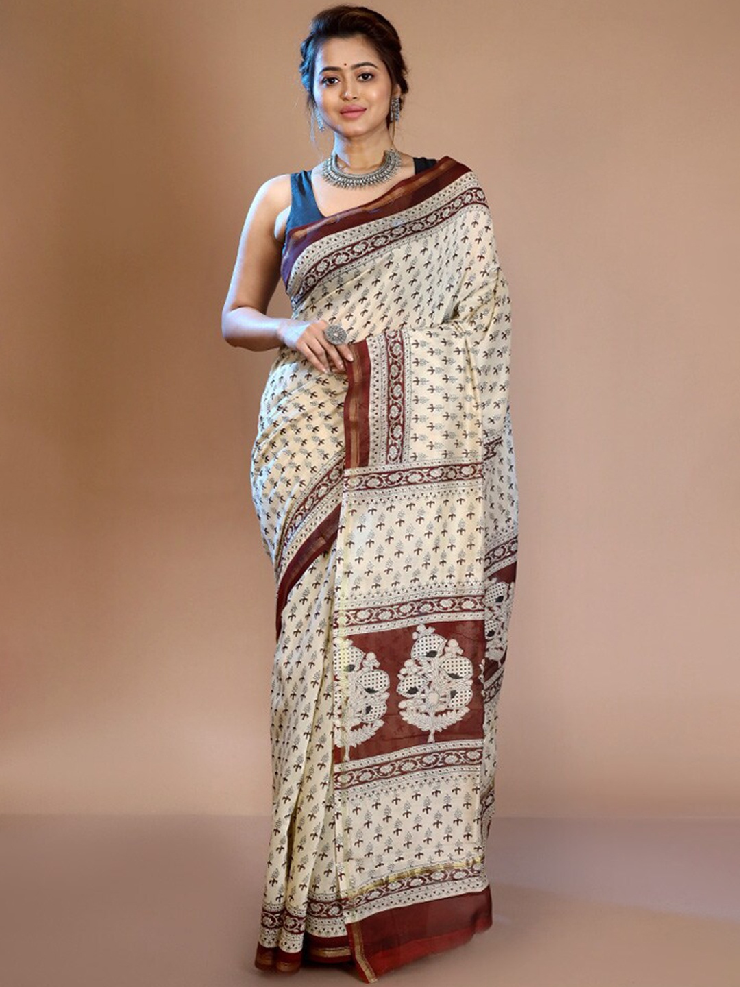 

AllSilks Ethnic Motifs Printed Zari Detailed Chanderi Saree, Cream