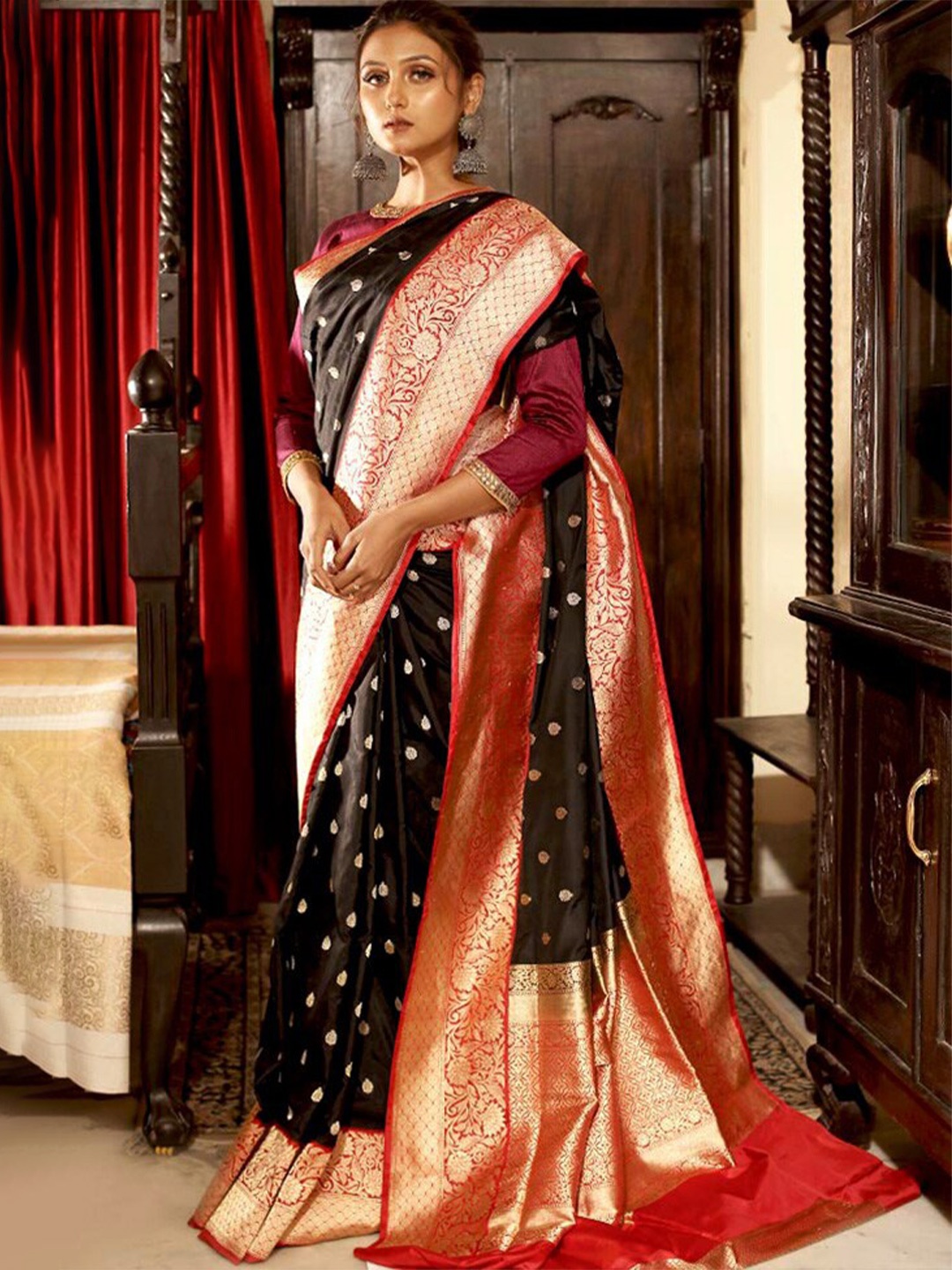 

AllSilks Ethnic Motifs Woven Design Zari Pure Silk Saree, Black