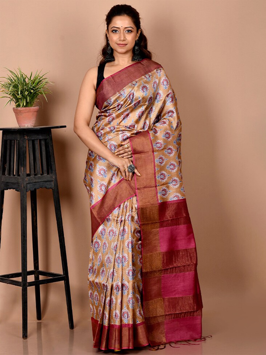 

AllSilks Ethnic Motifs Woven Designed Zari Art Silk Tussar Saree, Cream