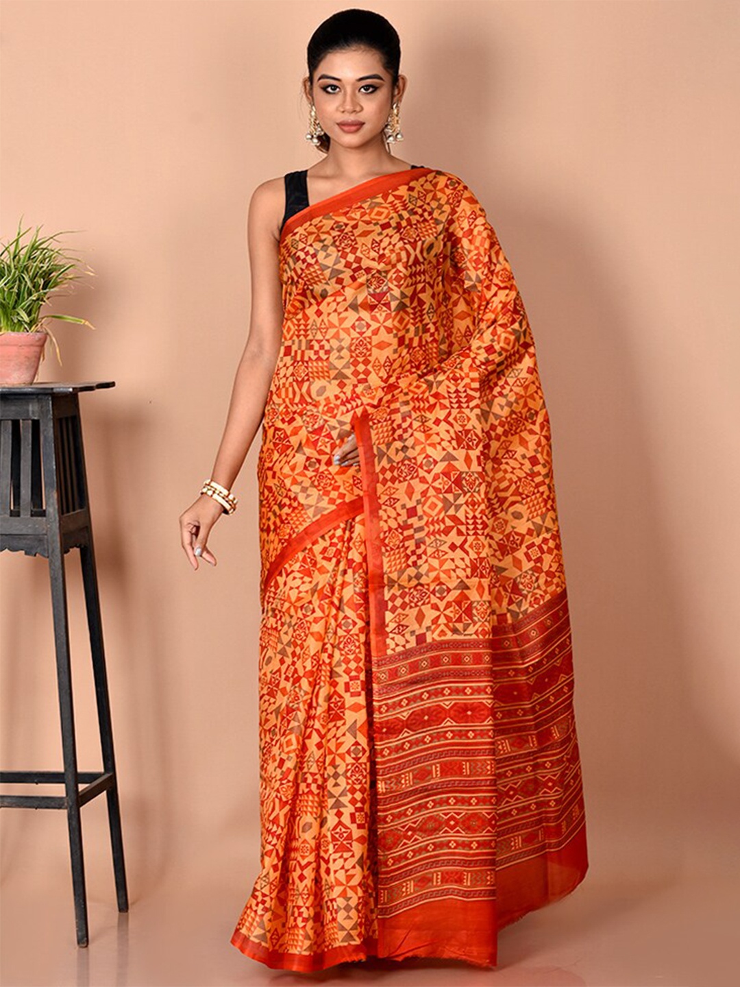 

AllSilks Geometric Printed Pure Silk Saree, Orange