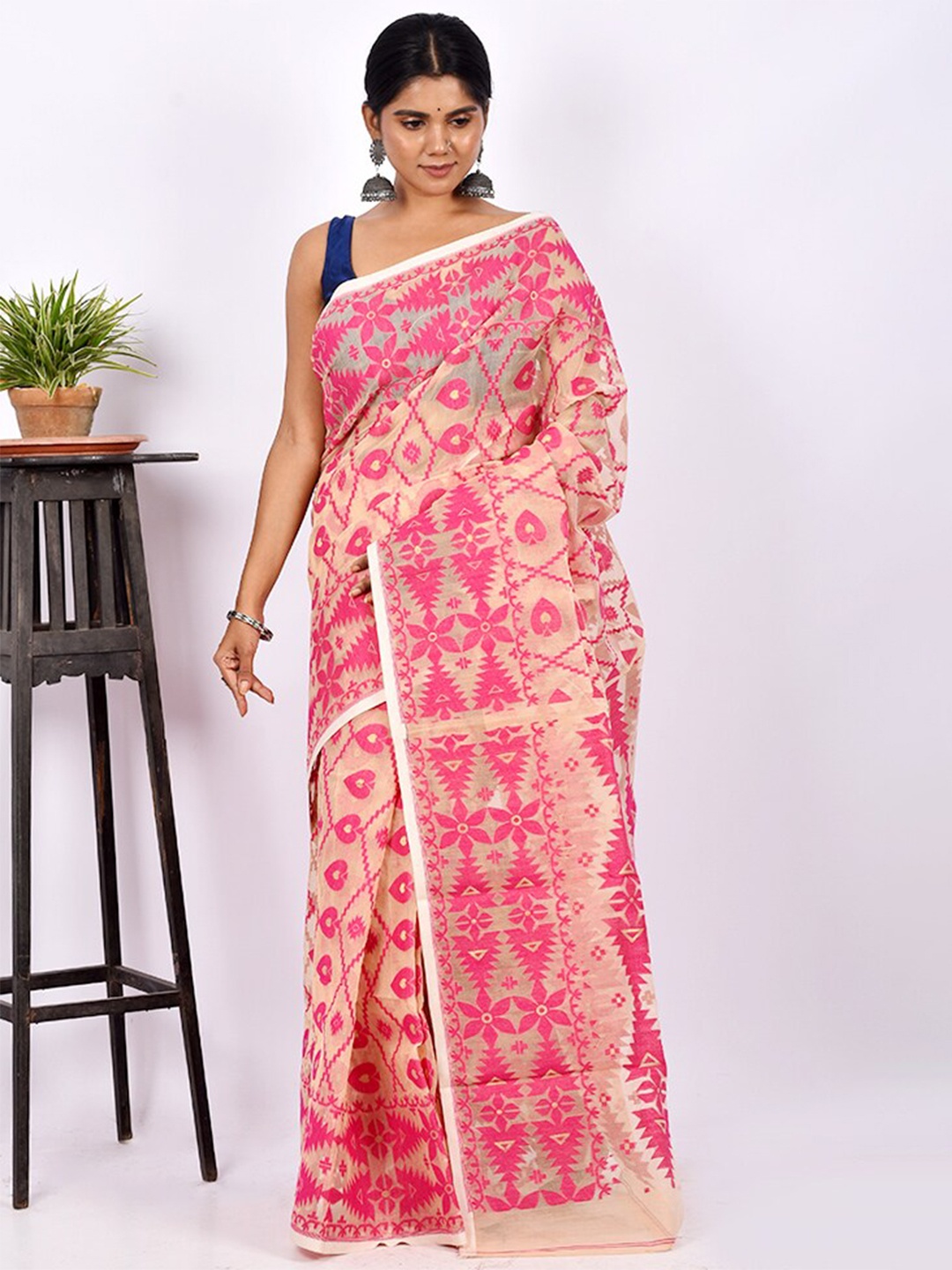 

AllSilks Ethnic Motifs Woven Design Art Silk Taant Saree, Cream