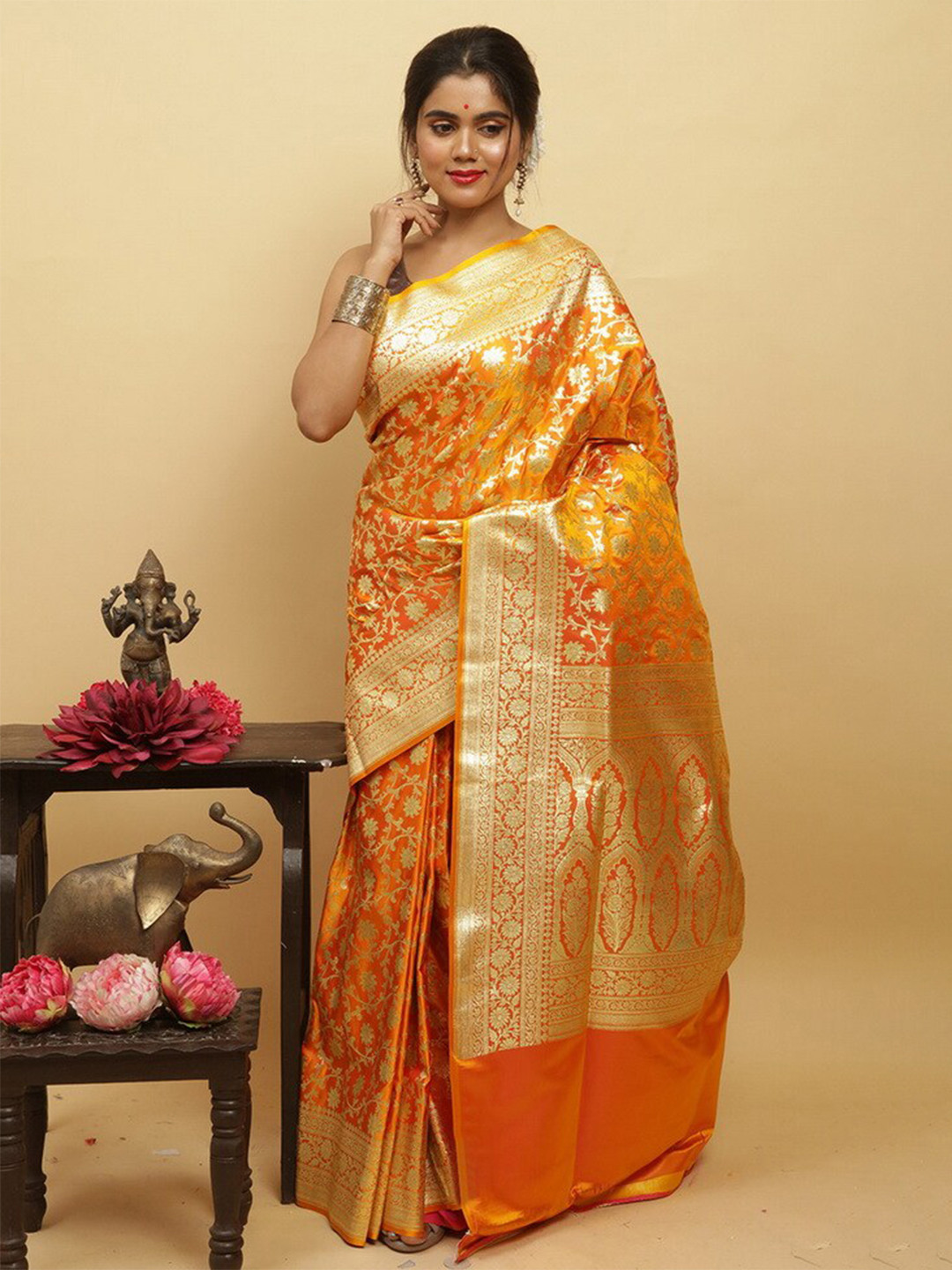 

AllSilks Ethnic Motifs Woven Design Zari Art Silk Banarasi Saree, Orange