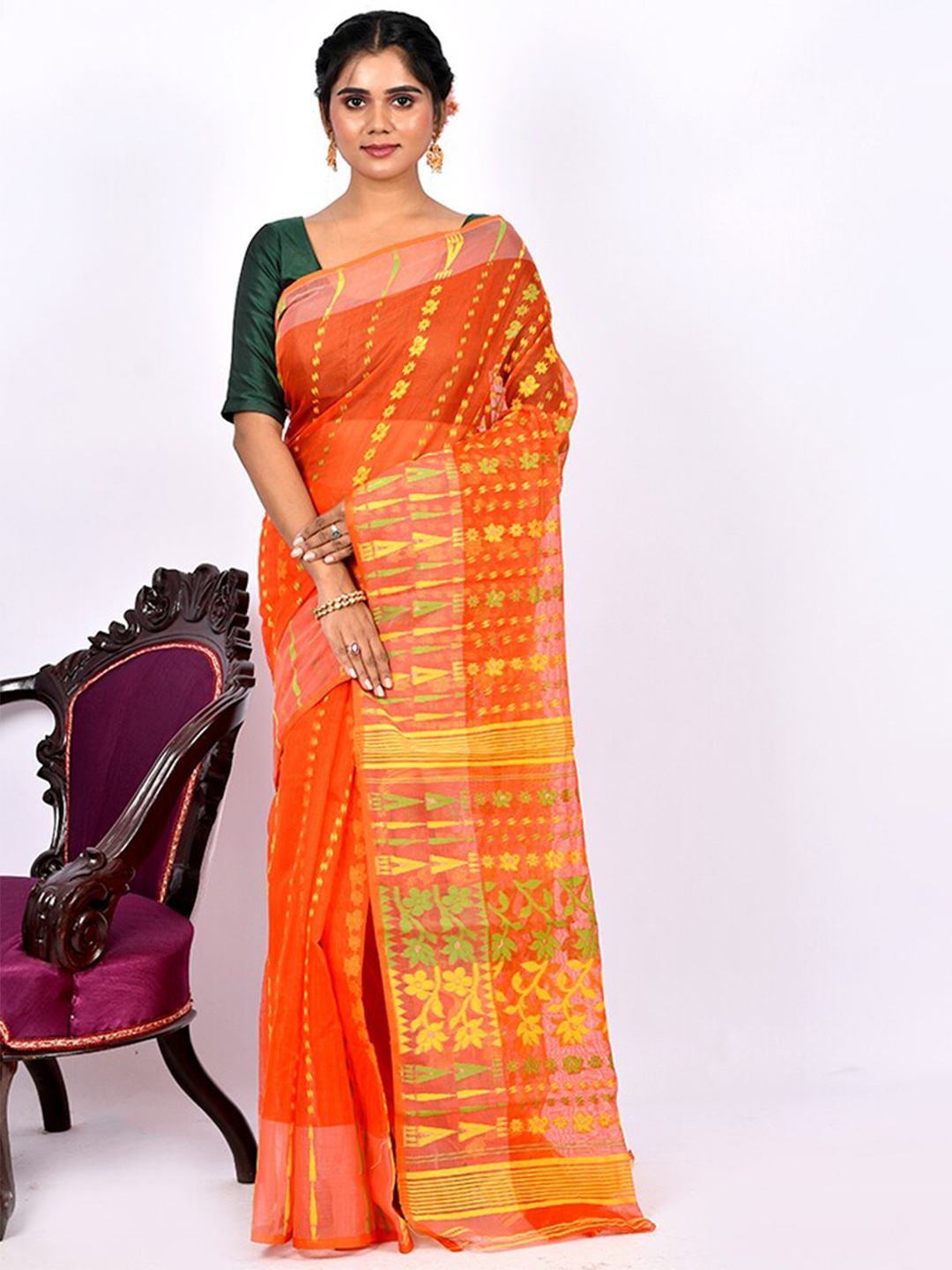 

AllSilks Ethnic Motifs Woven Design Taant Saree, Orange