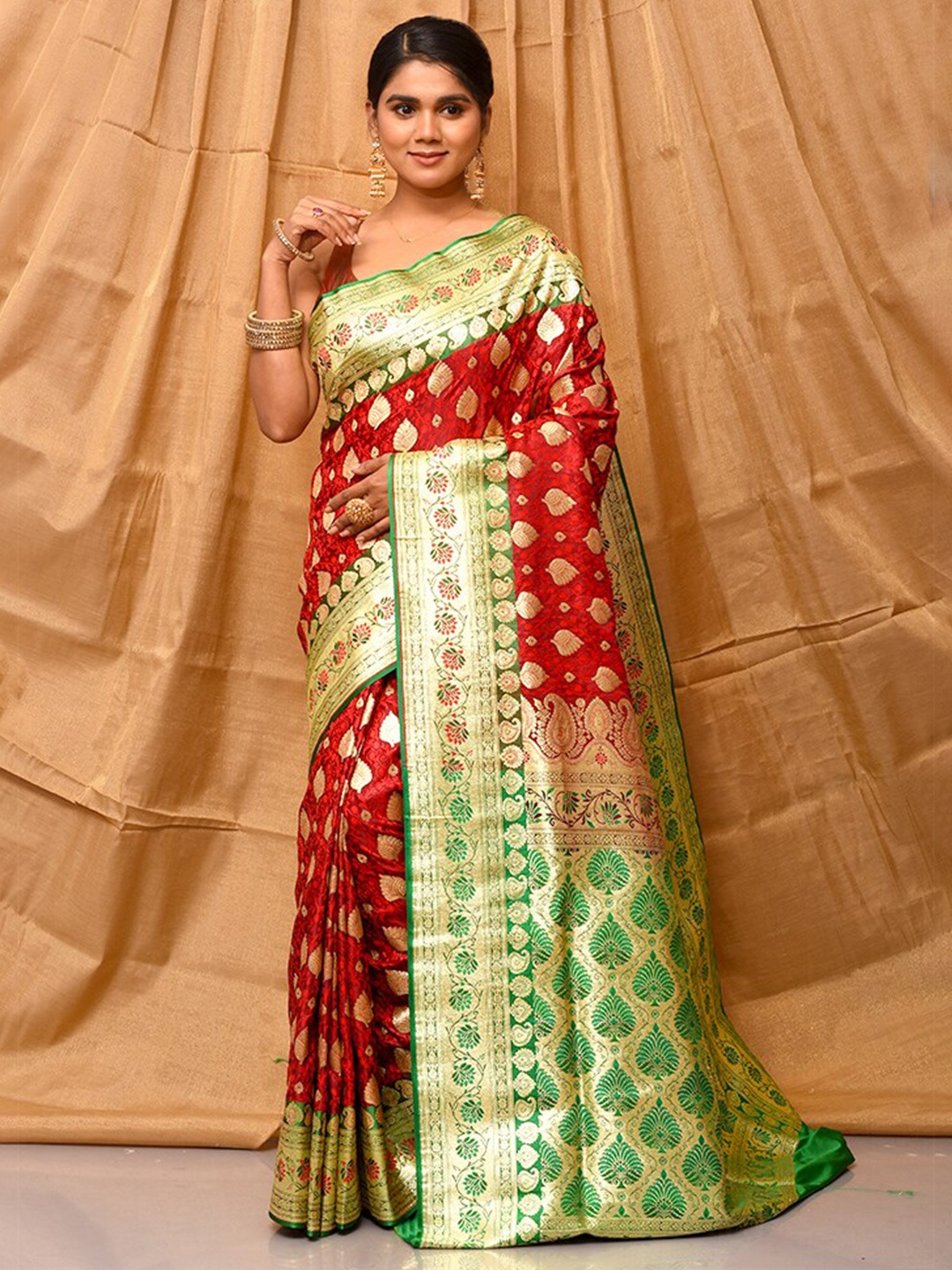 

AllSilks Ethnic Motifs Woven Design Zari Art Silk Banarasi Saree, Red