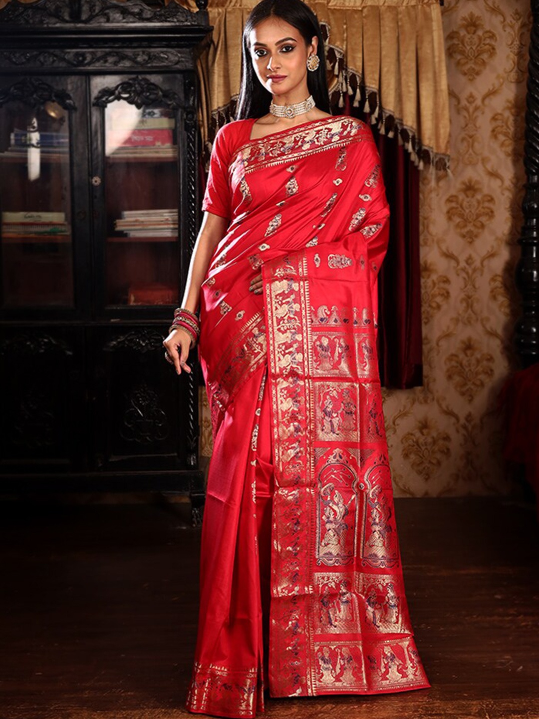 

AllSilks Ethnic Motifs Woven Design Zari Pure Silk Baluchari Saree, Red