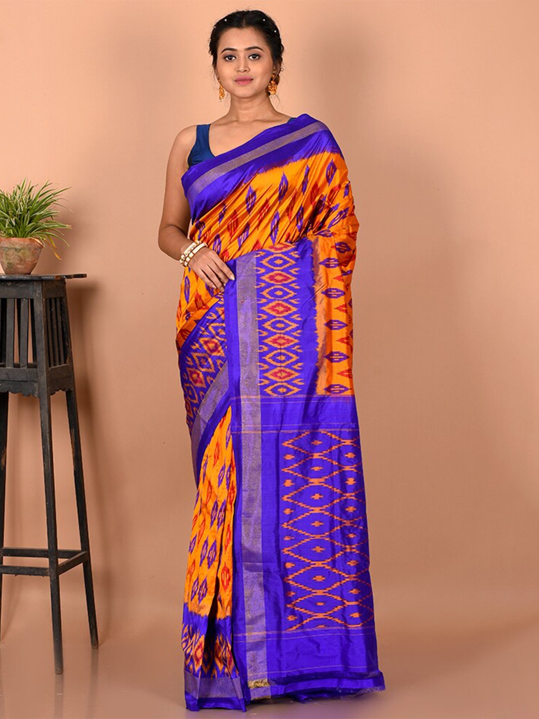 

AllSilks Ethnic Motifs Woven Design Zari Pure Silk Pochampally Saree, Orange