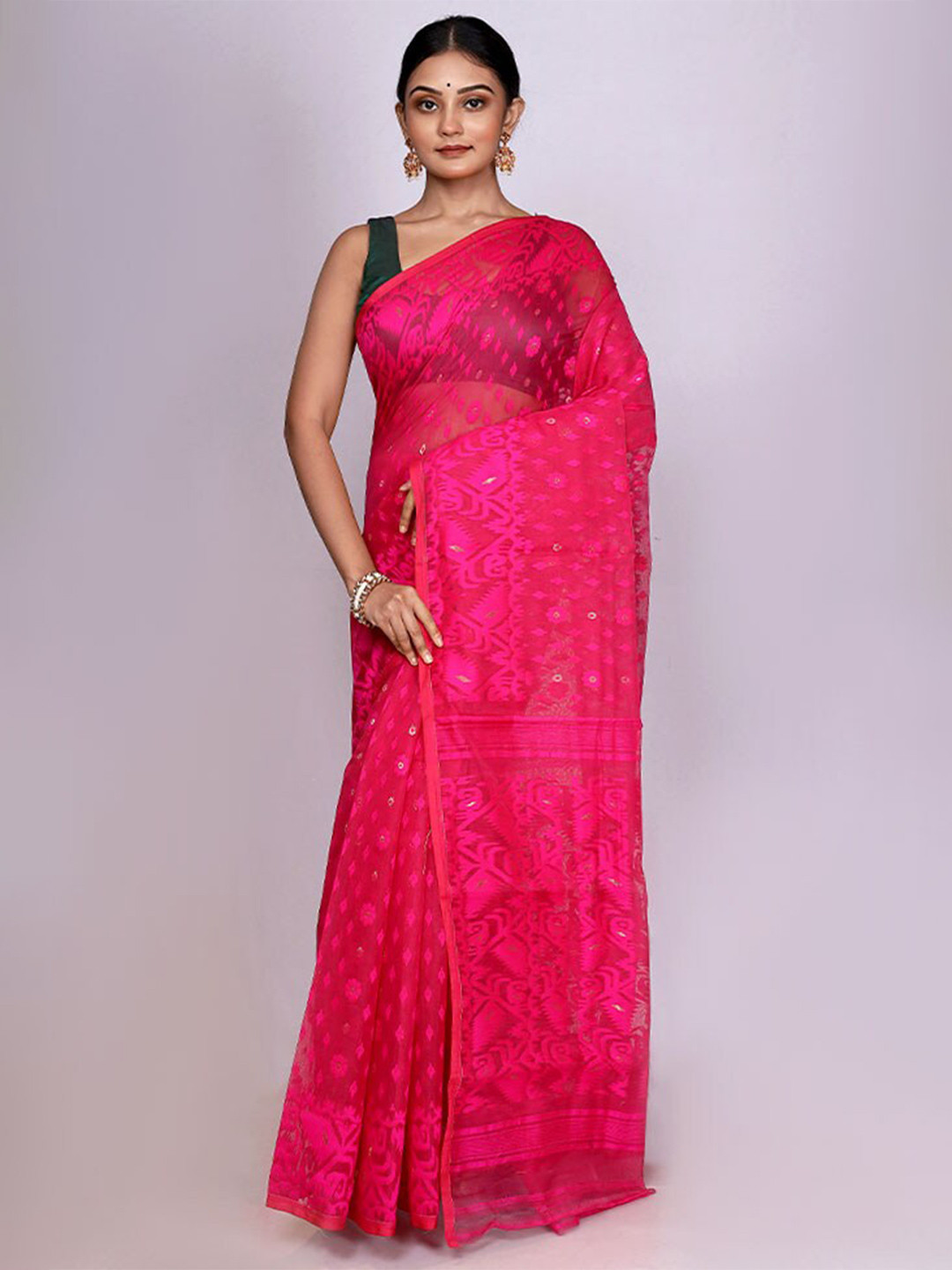 

AllSilks Ethnic Motifs Woven Design Art Silk Taant Saree, Pink
