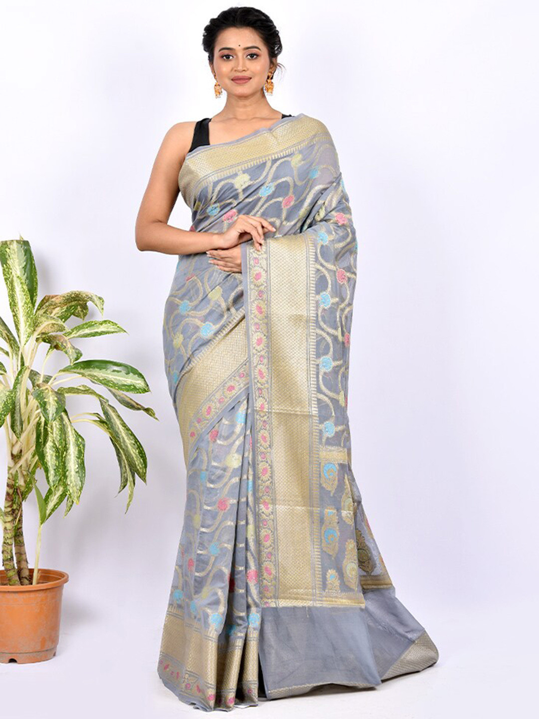 

AllSilks Ethnic Motifs Woven Design Zari Saree, Grey