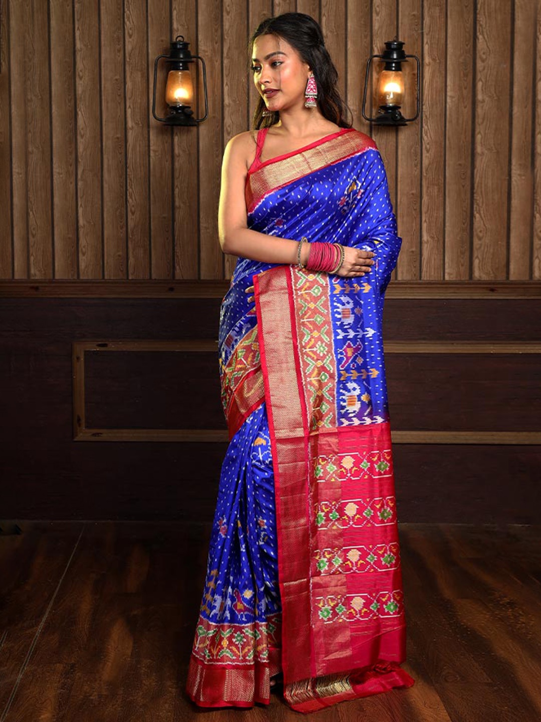 

AllSilks Ethnic Motifs Printed Zari Pure Silk Patola Saree, Blue