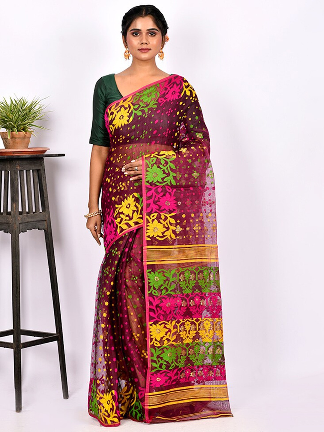 

AllSilks Floral Woven Design Taant Saree, Pink