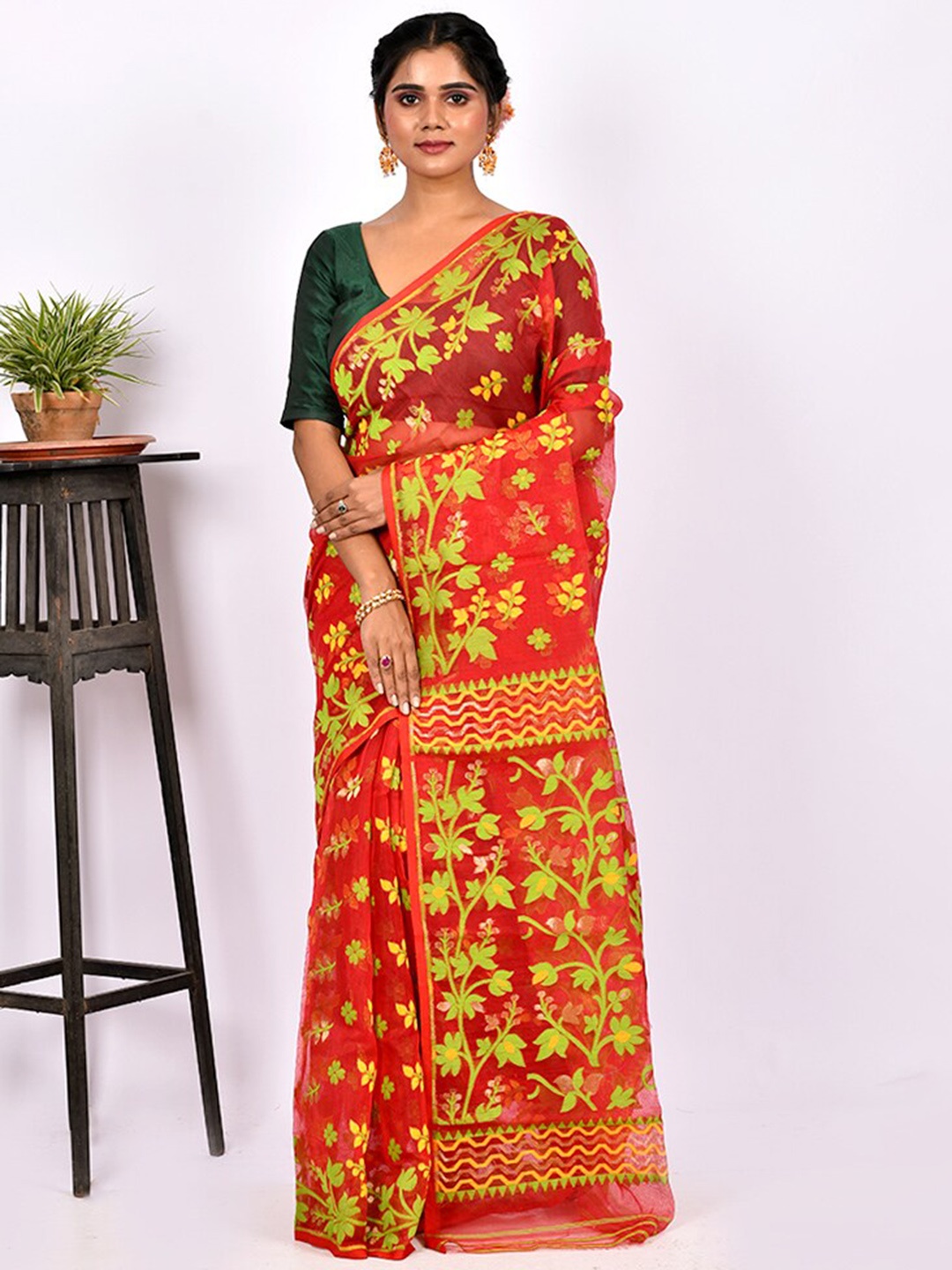 

AllSilks Woven Design Art Silk Taant Saree, Red