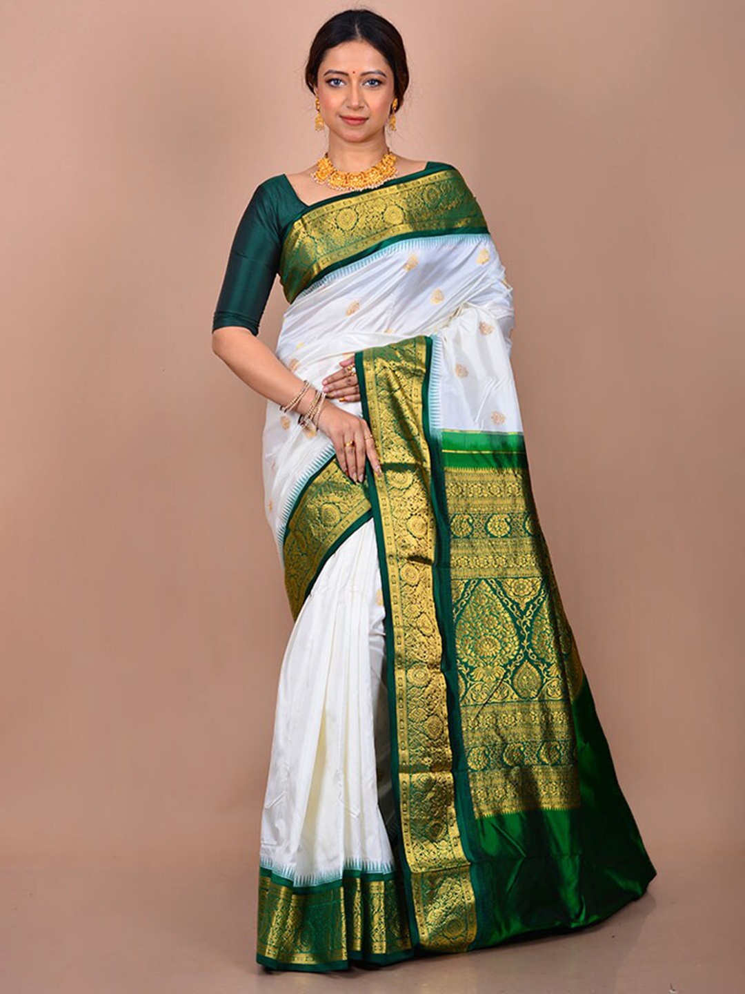 

AllSilks Ethnic Motifs Woven Design Zari Pure Silk Kanjeevaram Saree, White