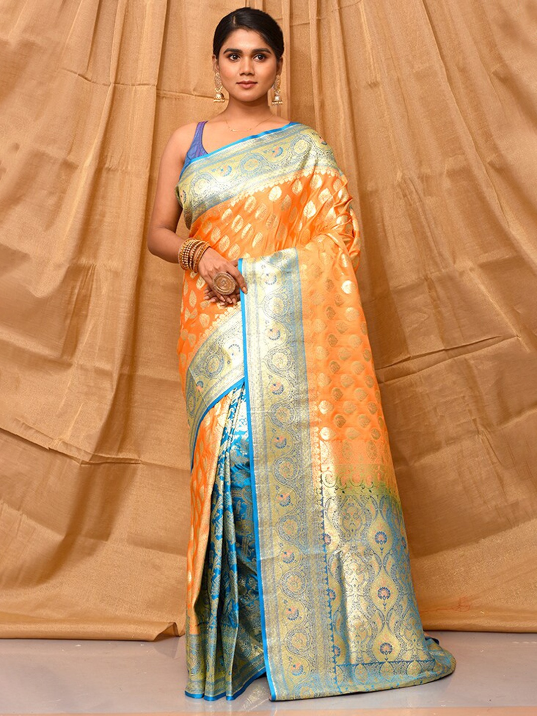 

AllSilks Ethnic Motifs Woven Design Zari Art Silk Banarasi Saree, Orange