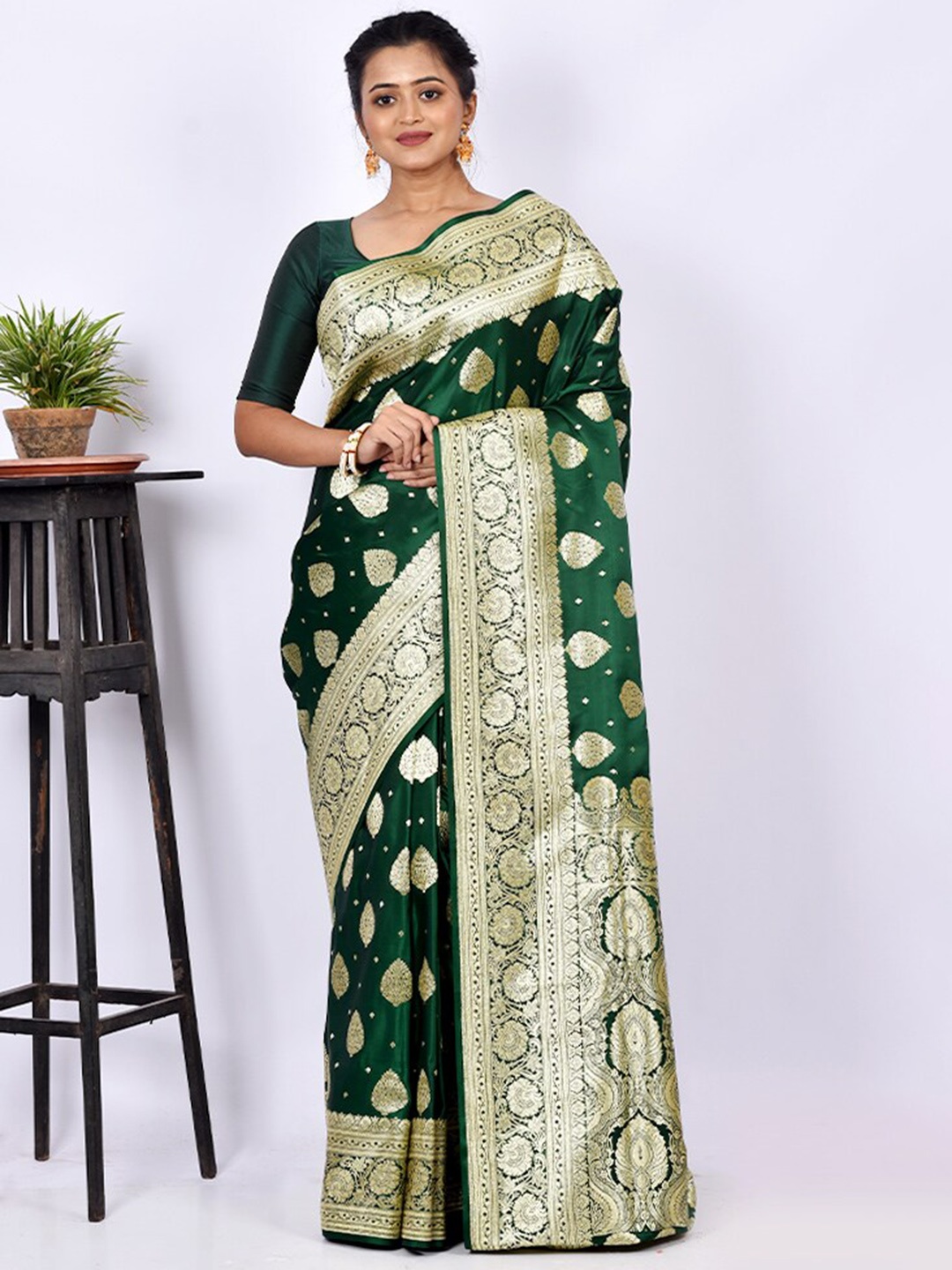 

AllSilks Ethnic Motifs Woven Design Zari Pure Silk Banarasi Saree, Green