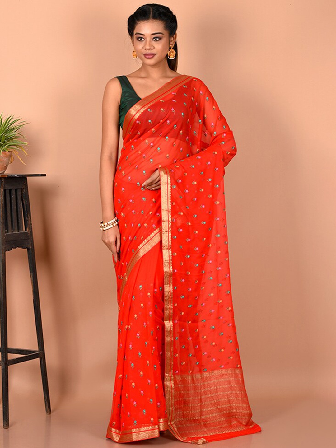 

AllSilks Floral Embroidered Zari Pure Chiffon Saree, Red