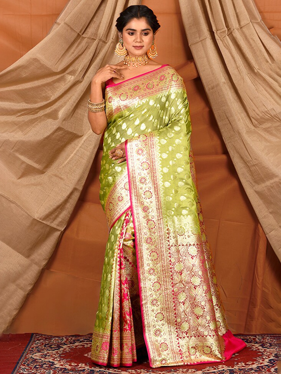 

AllSilks Ethnic Motifs Woven Design Zari Art Silk Banarasi Saree, Green