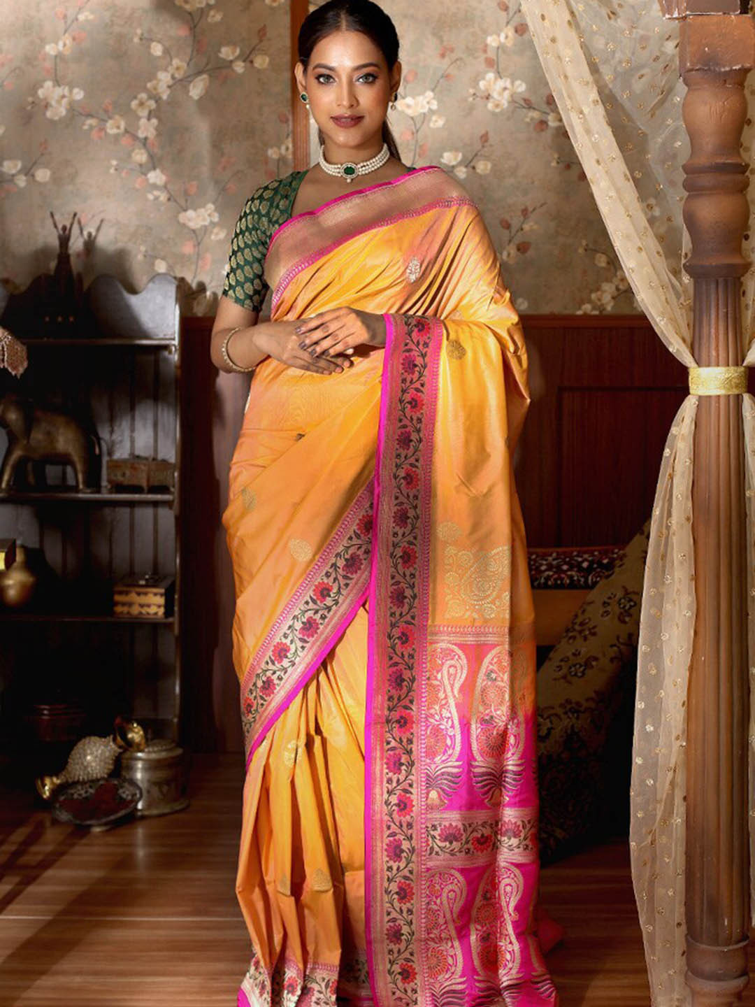 

AllSilks Ethnic Motifs Woven Design Zari Pure Silk Banarasi Saree, Yellow