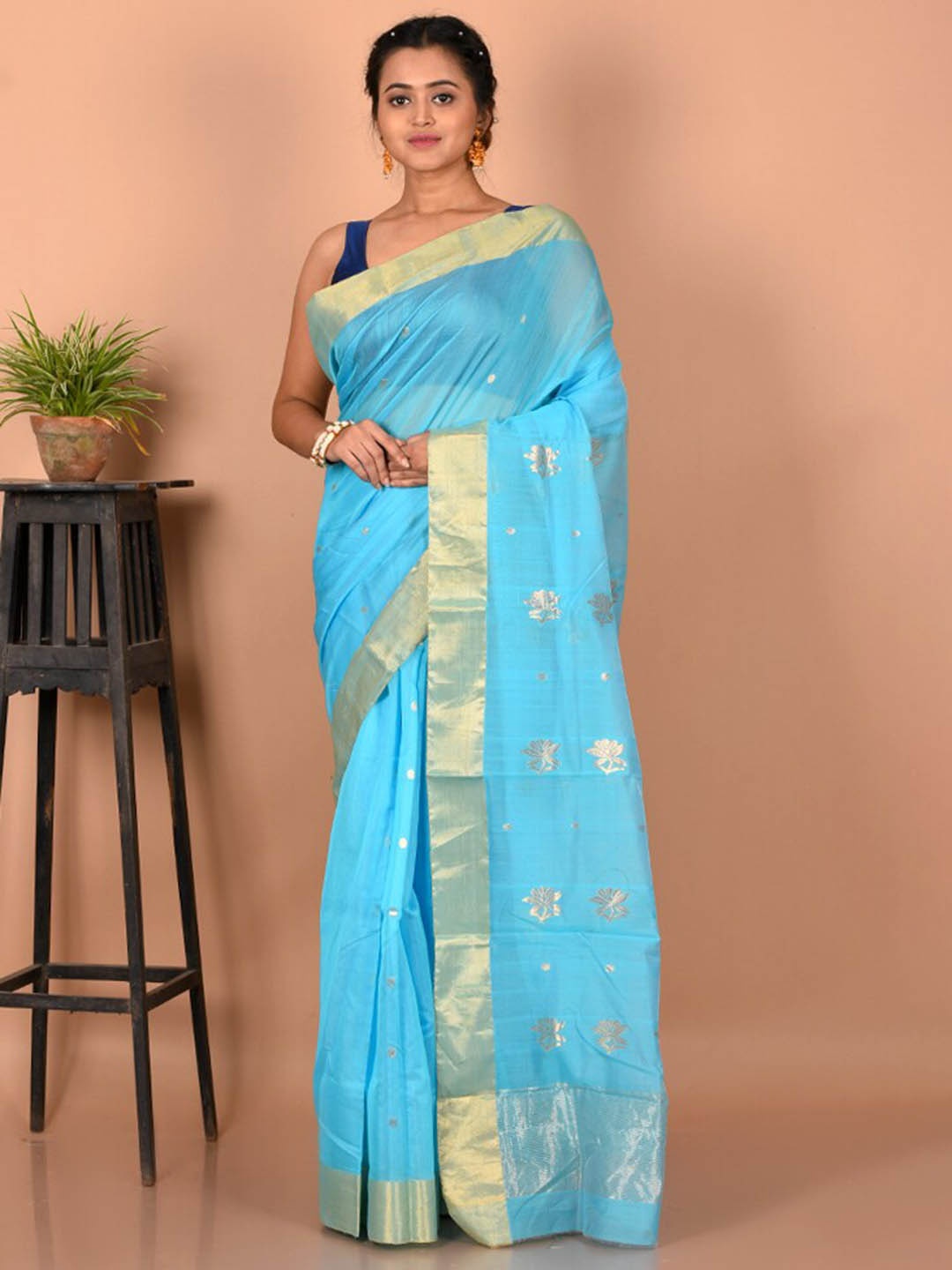 

AllSilks Floral Woven Design Zari Art Silk Chanderi Saree, Blue