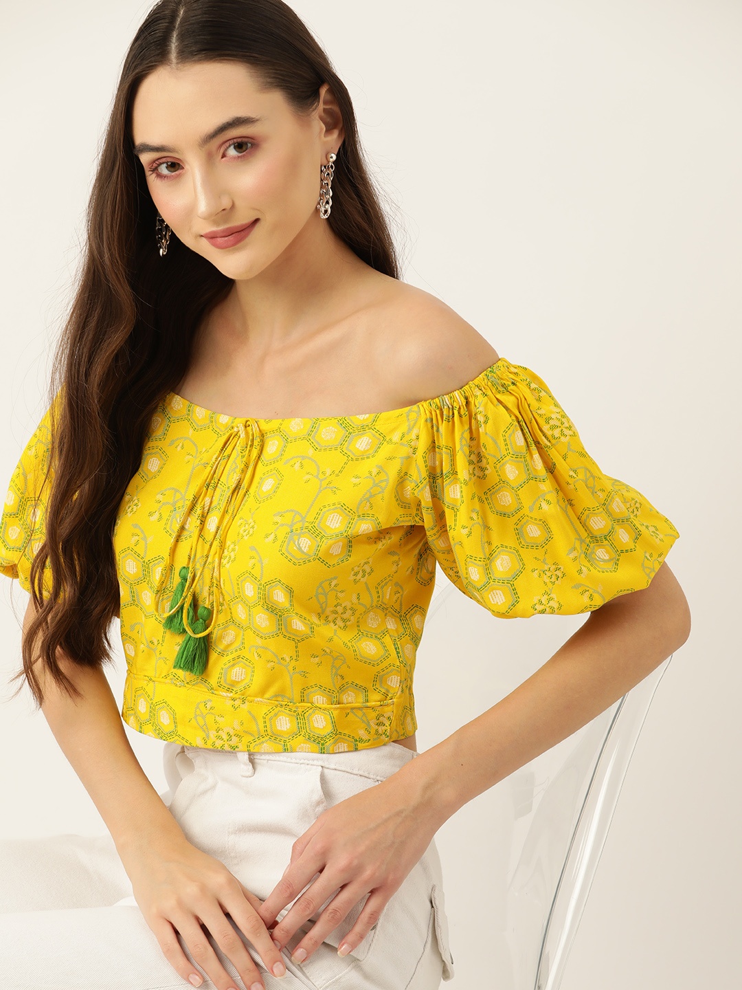 

DressBerry Floral Print Tie-Up Neck Puff Sleeve Crop Top, Mustard