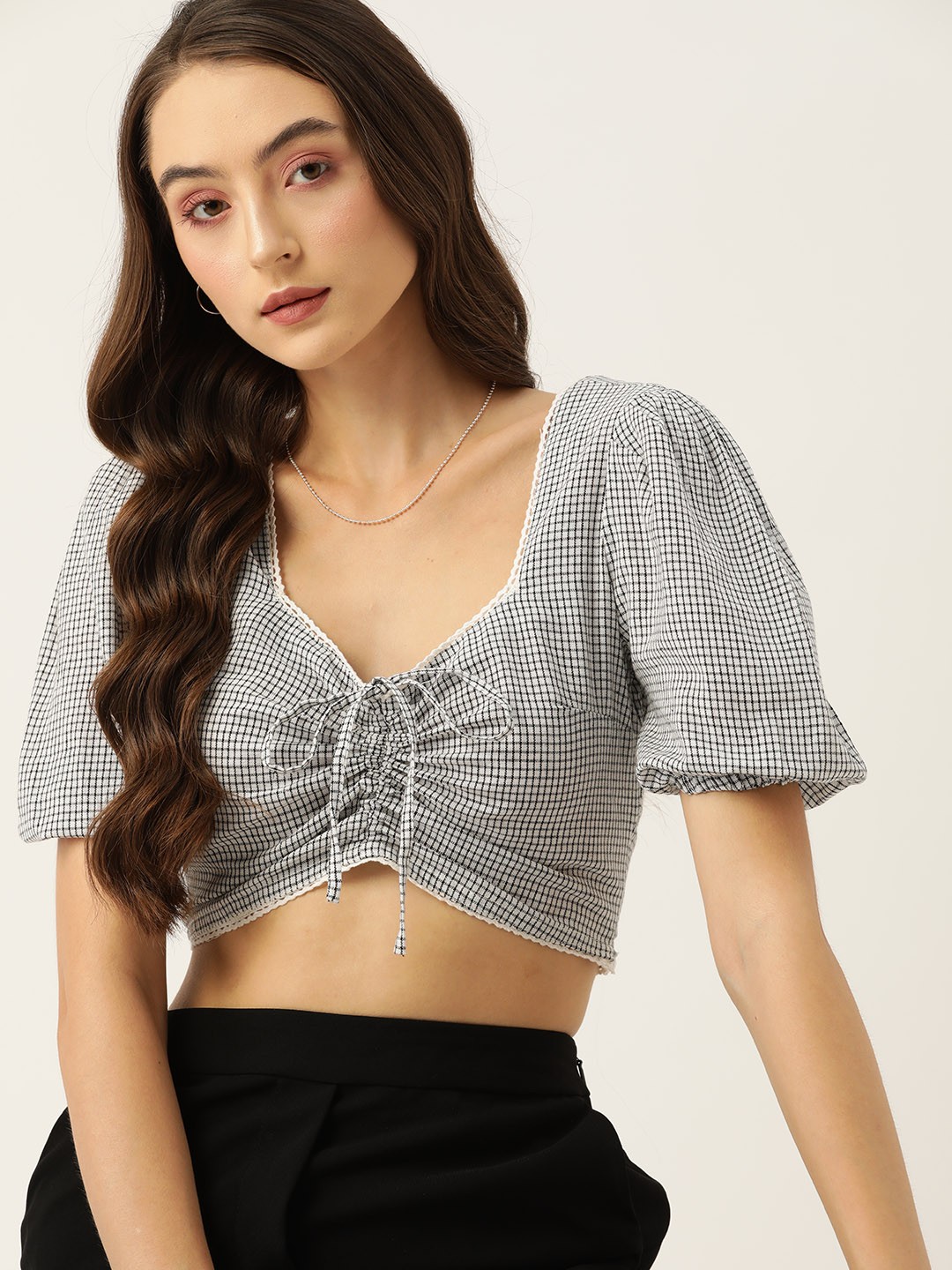 

DressBerry Checked Tie-Up Neck Puff Sleeve Cotton Crop Top, White