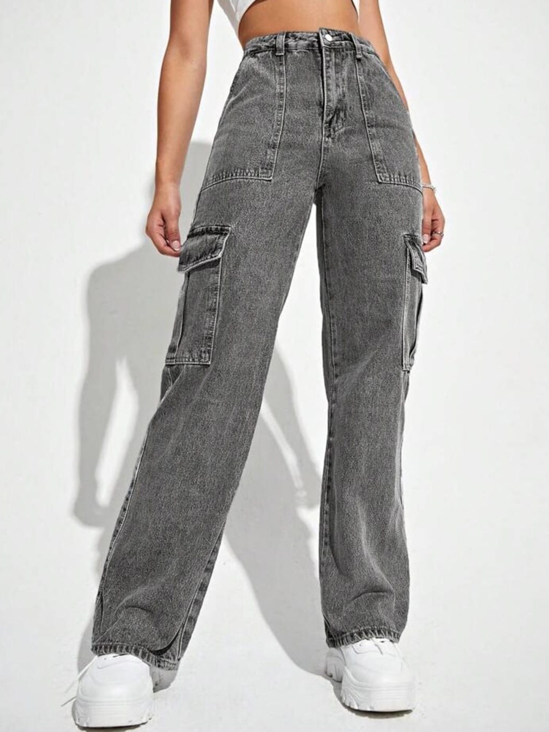 

BROADSTAR Women Smart Wide Leg High-Rise Stretchable Jeans, Grey