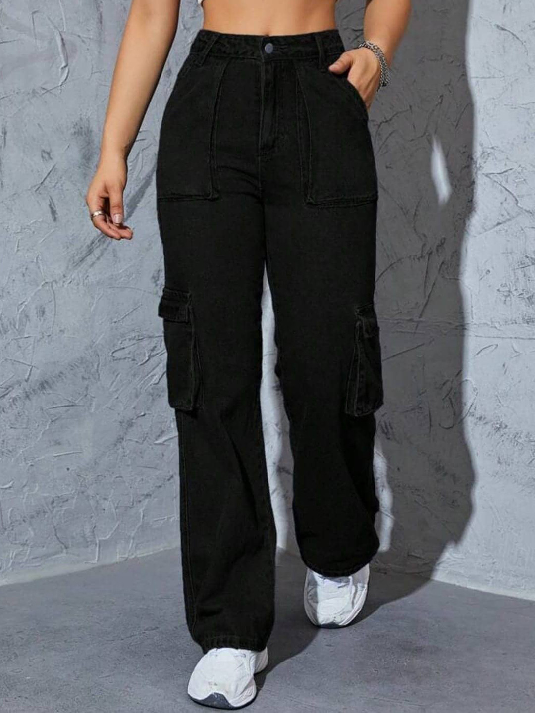 

BROADSTAR Women Smart Wide Leg High Rise Highly Distressed Stretchable Jeans, Black