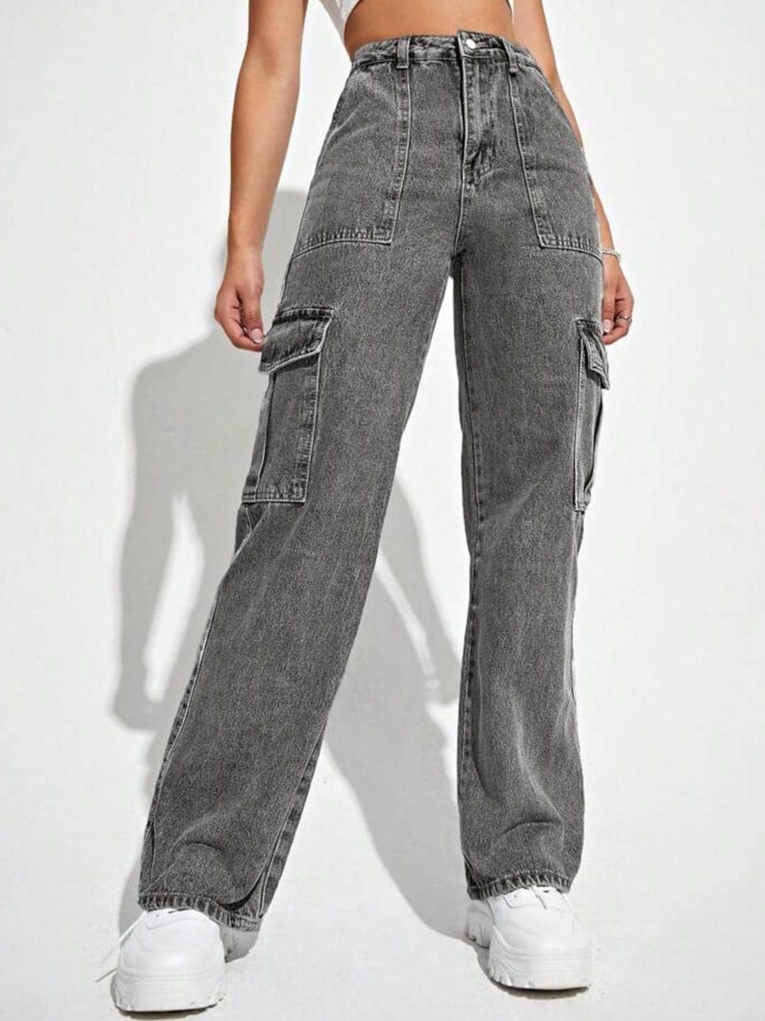 

BROADSTAR Women Smart Wide Leg High Rise Highly Distressed Stretchable Jeans, Grey