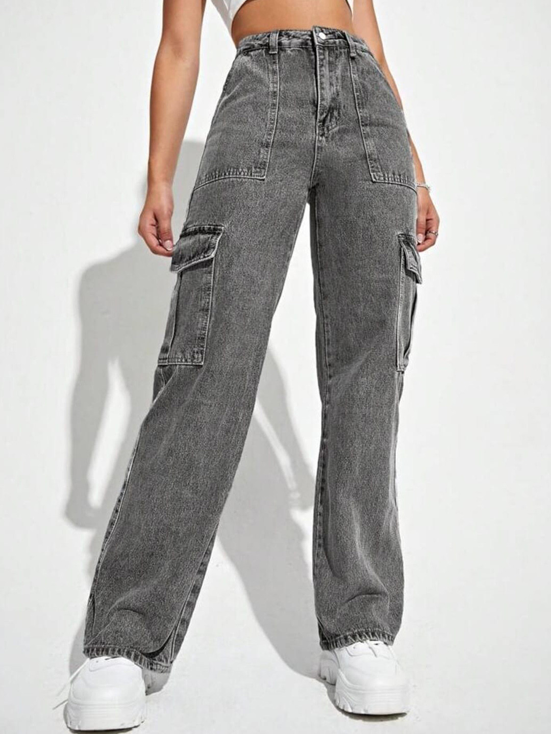 

BROADSTAR Women Smart Wide Leg High-Rise Clean Look Stretchable Jeans, Grey