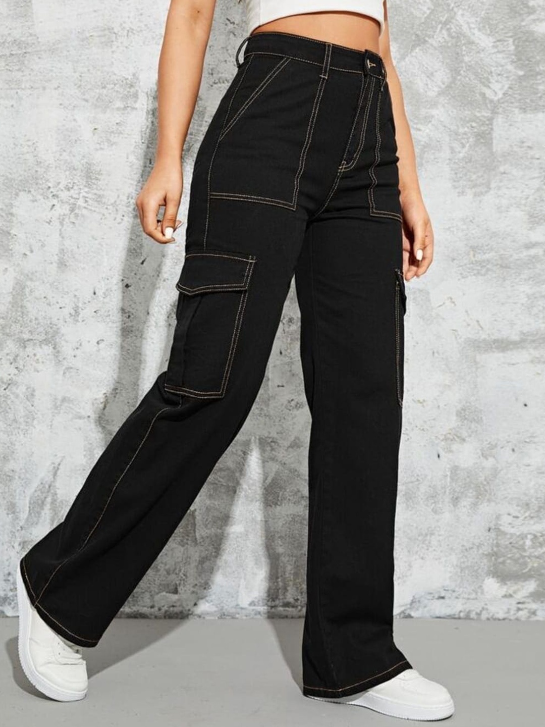 

BROADSTAR Women Smart Wide Leg High-Rise Stretchable Jeans, Black