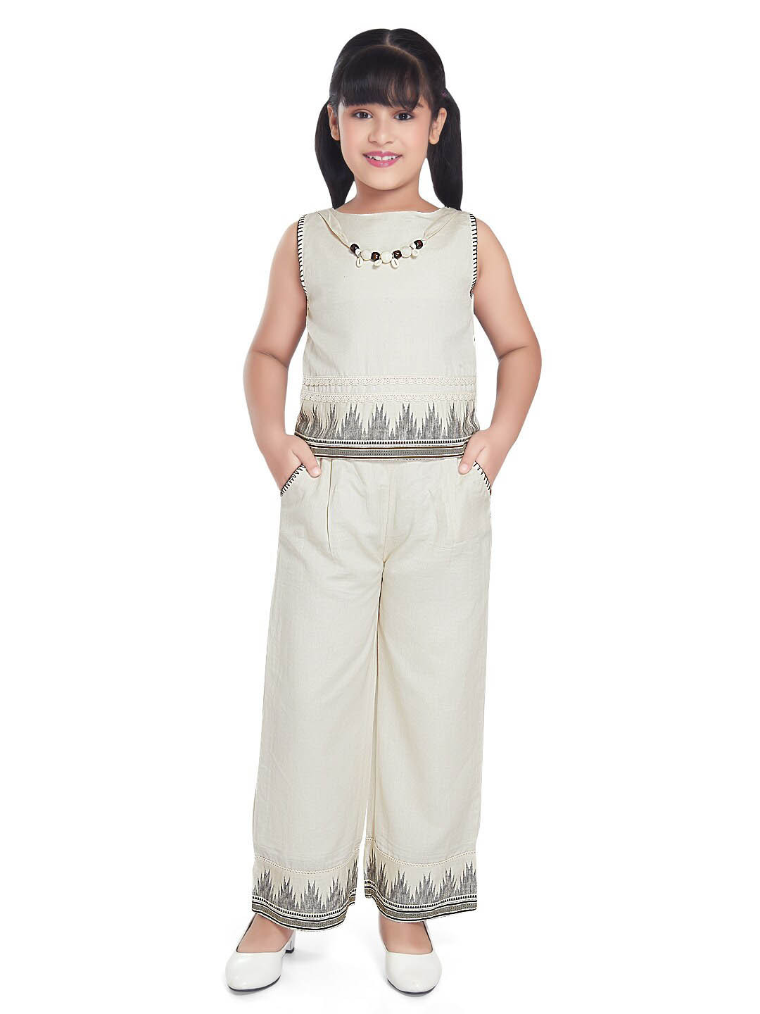 

Peppermint Girls Printed Top with Palazzos, Beige