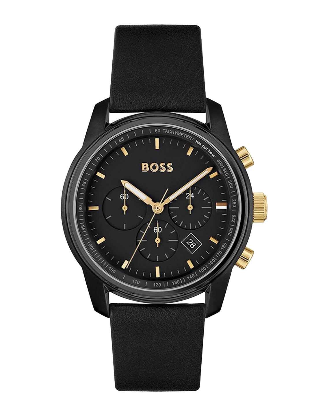 

BOSS Men Brass Dial & Leather Straps Analogue Chronograph Watch 1514003, Black