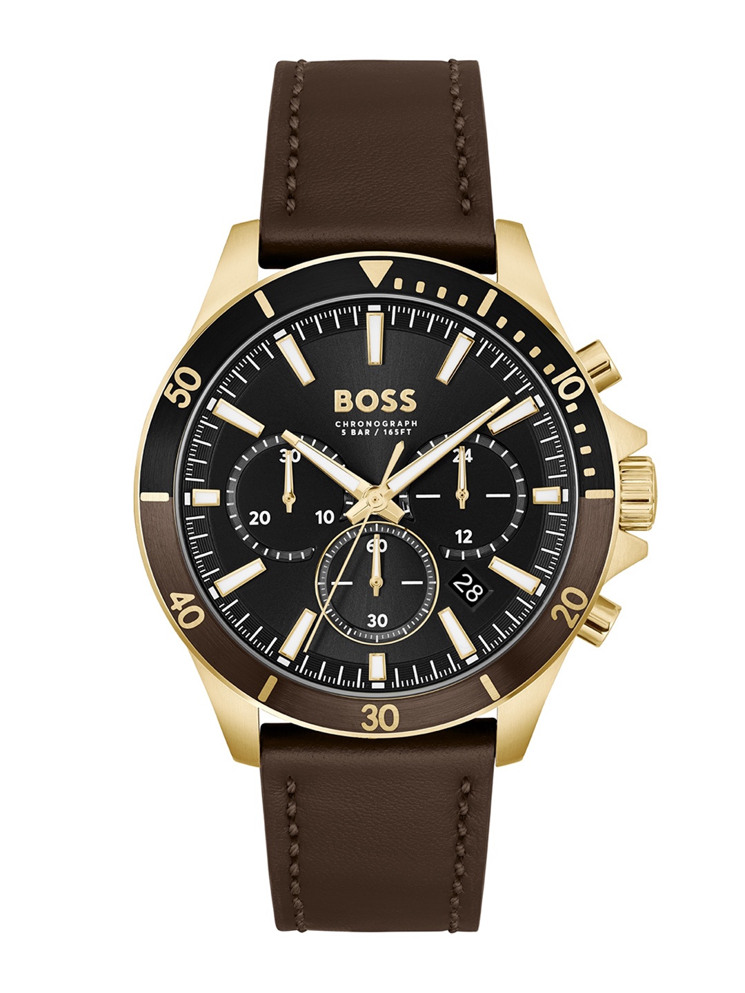 

BOSS Men Brass Dial & Leather Straps Analogue Chronograph Watch 1514100, Black