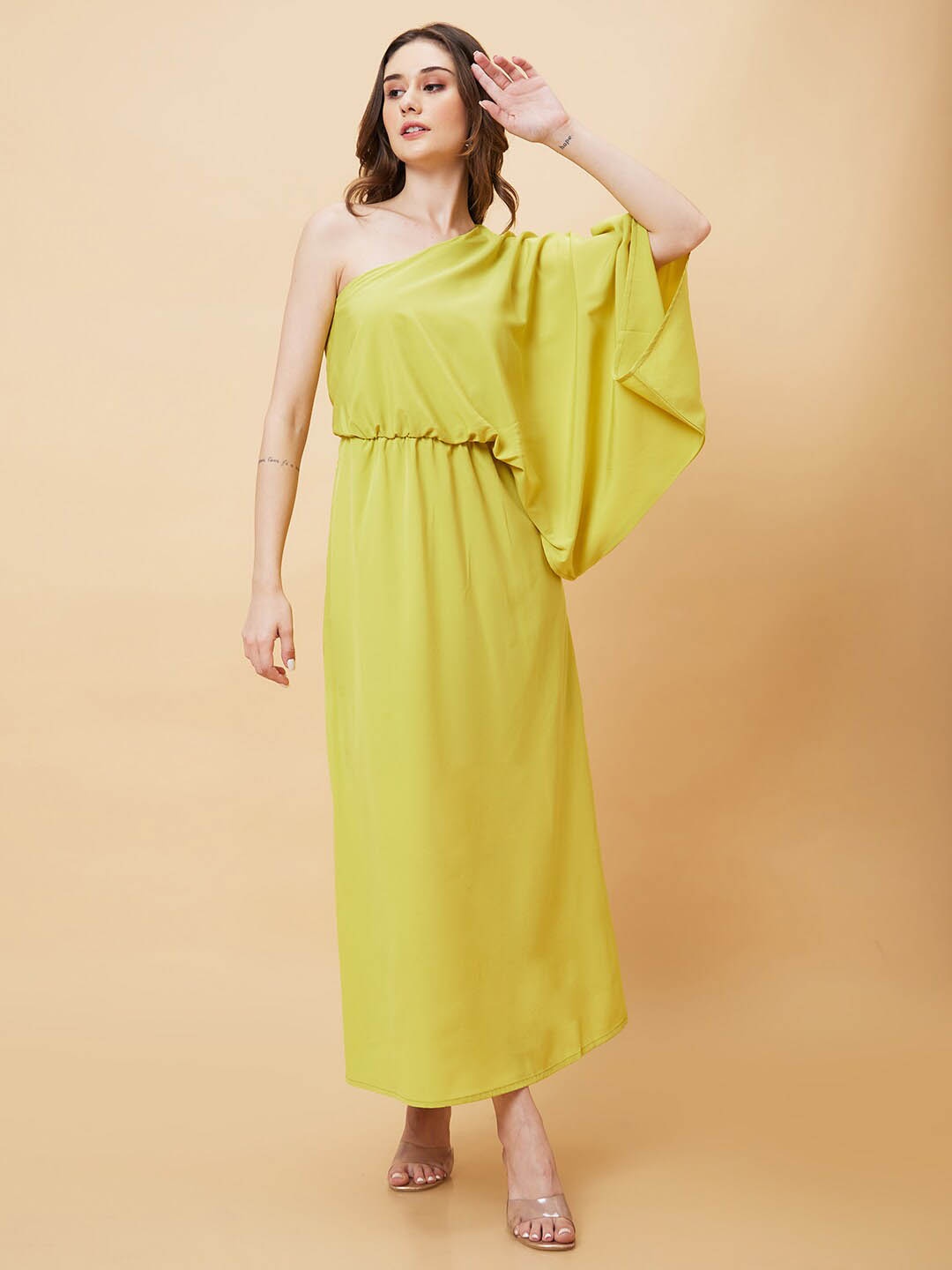 

Globus One Shoulder Gathered Waist Fit & Flare Side Slit Maxi Dress, Lime green