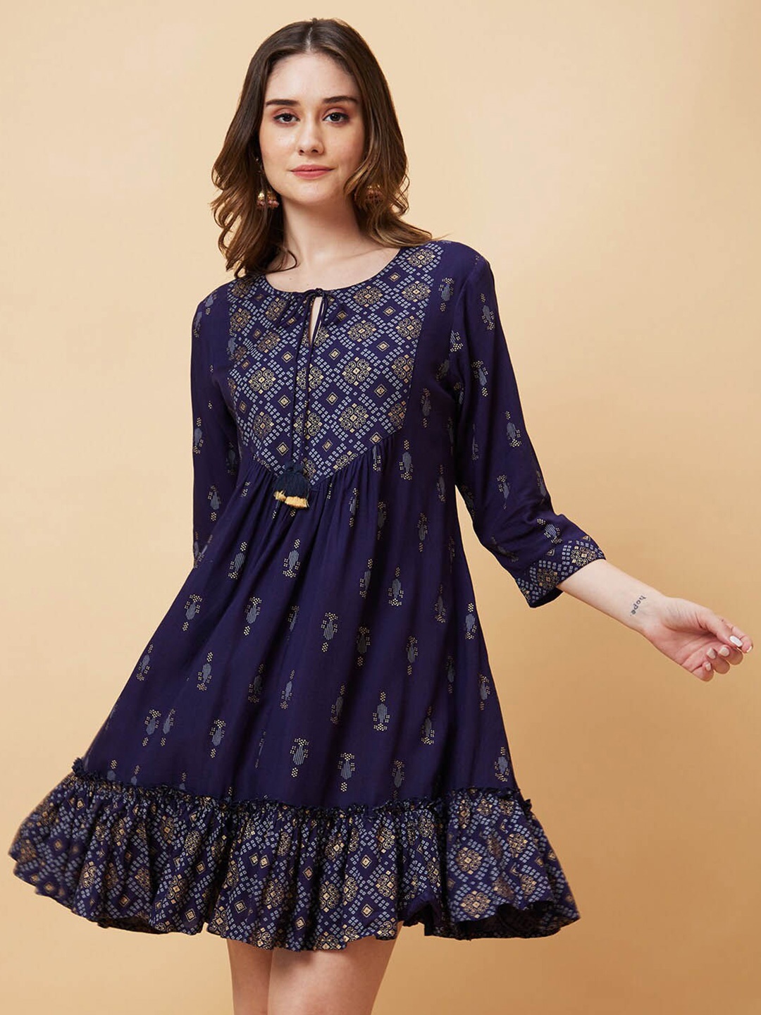 

Globus Ethnic Motifs Print Tiered A-Line Fusion Dress, Navy blue