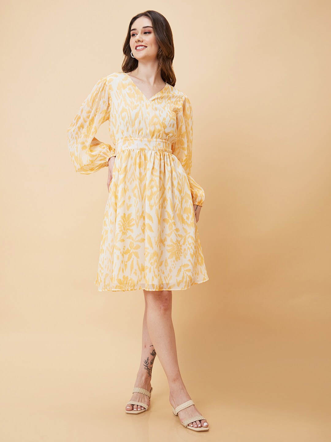 

Globus Floral Printed Puff Sleeves A-Line Dress, White