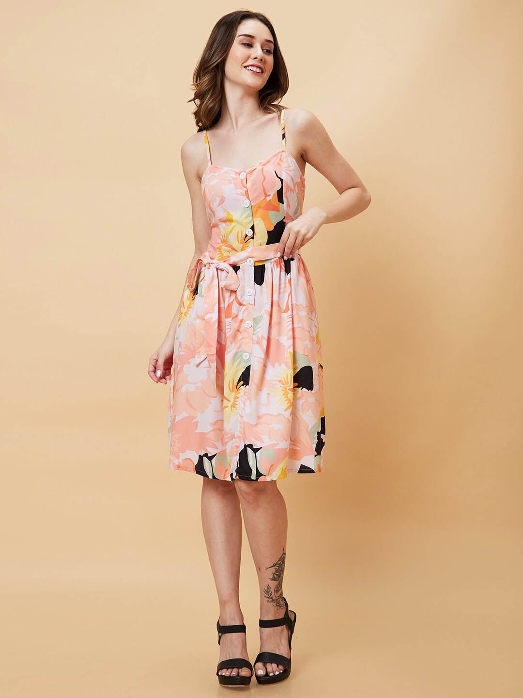 

Globus White & Peach-Coloured Floral Print A-Line Dress