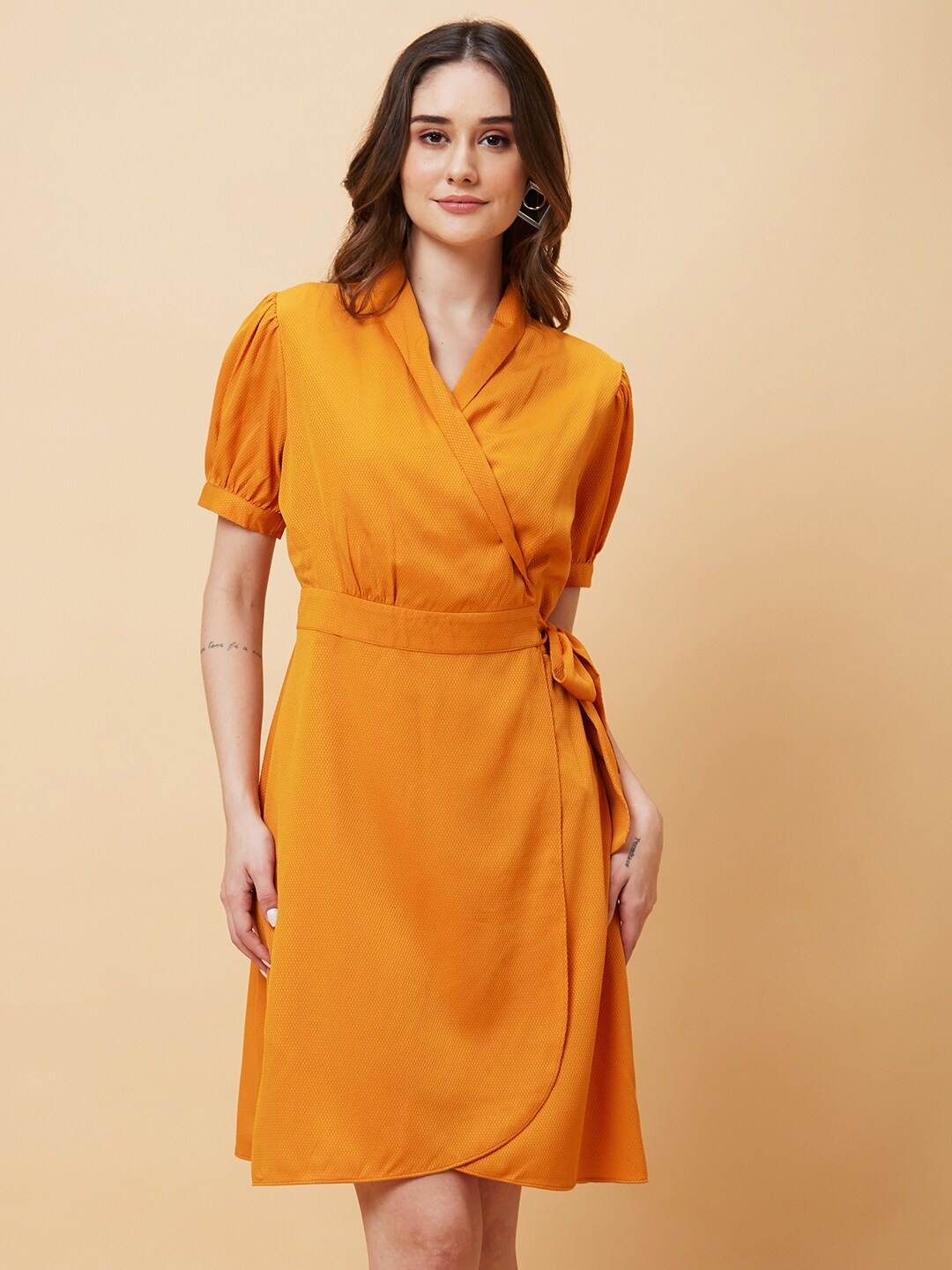 

Globus Mustard Yellow Puff Sleeves Tie-Up Wrap Dress