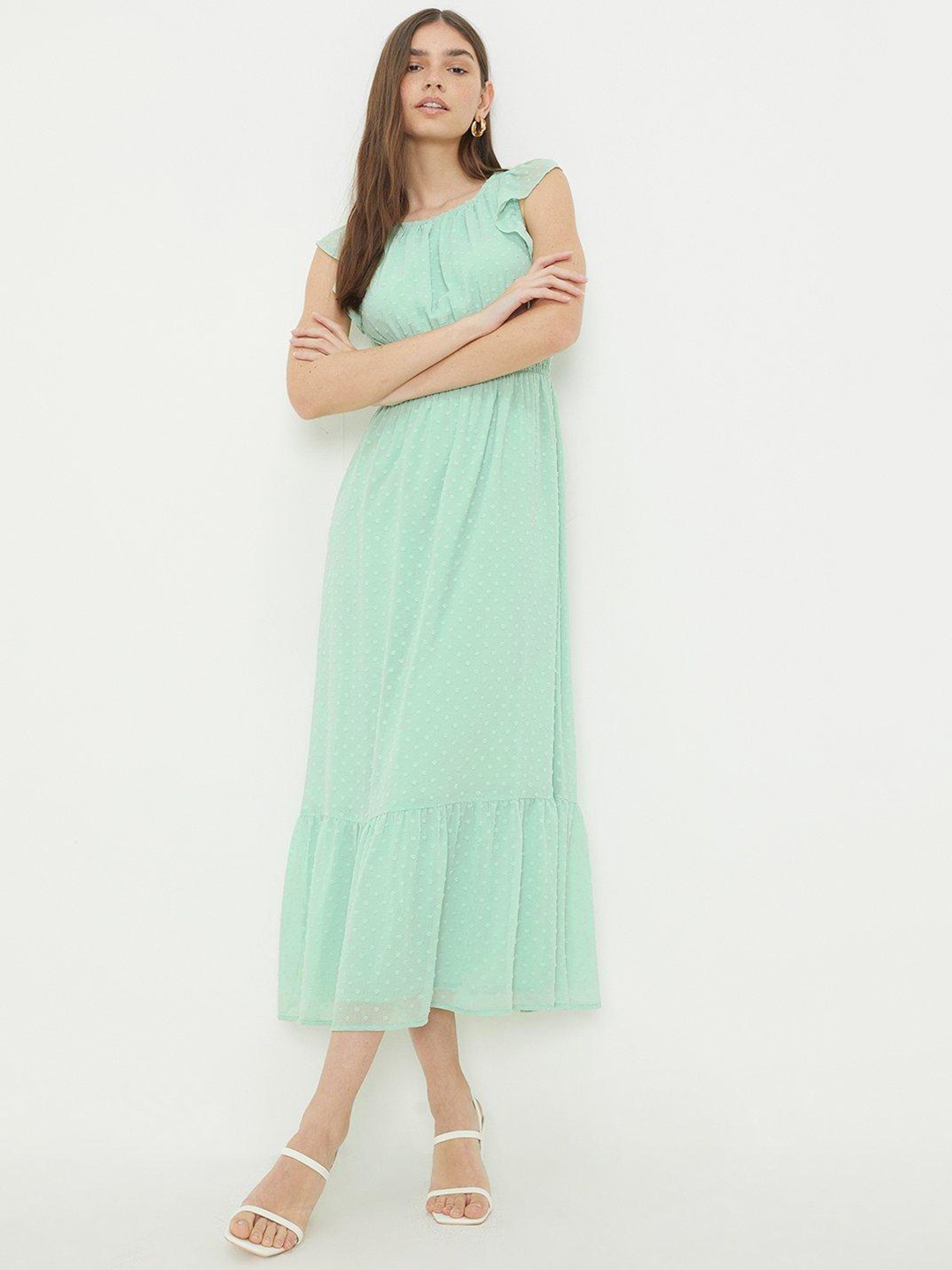 

DOROTHY PERKINS Petite Ruffle Smocked Dobby Chiffon Maxi Dress, Green