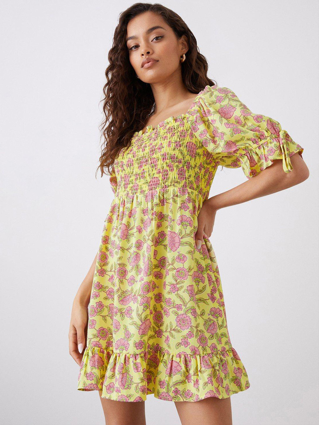 

DOROTHY PERKINS Petite Floral Print Smocked A-Line Dress, Yellow