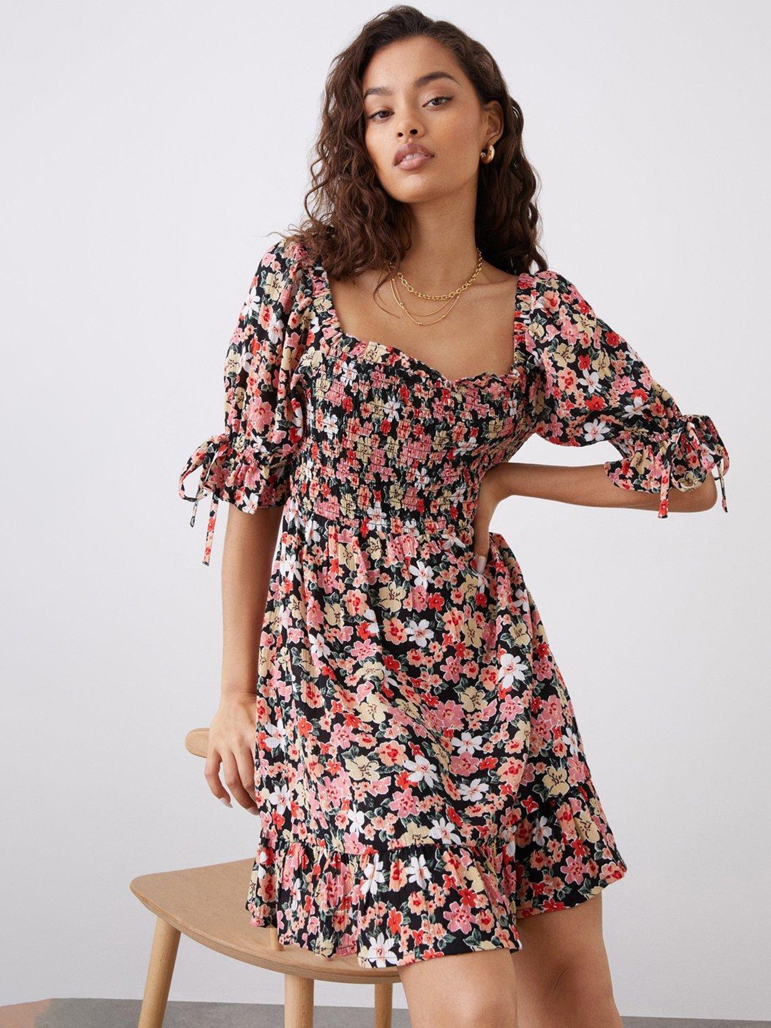 

DOROTHY PERKINS Petite Floral Print Smocked A-Line Dress, Black