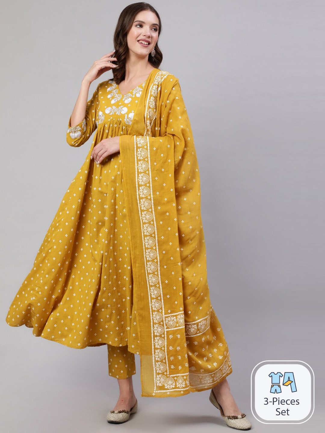 

Mizaz Floral Embroidered Empire Pure Cotton Kurta with Trousers & Dupatta, Mustard