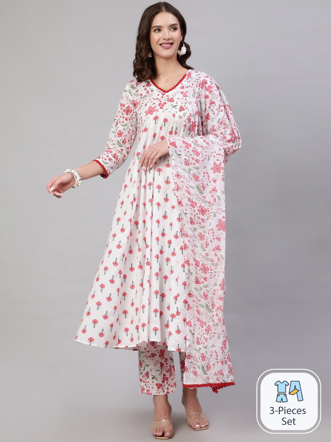 

Mizaz Floral Printed Anarkali Pure Cotton Kurta with Trousers & Dupatta, Pink