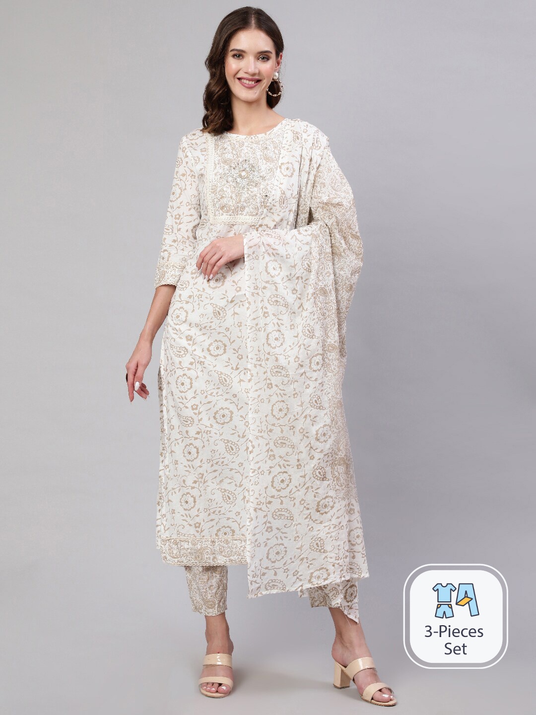 

Mizaz Ethnic Motifs Printed Zardozi Pure Cotton Kurta With Trousers & Dupatta, Beige