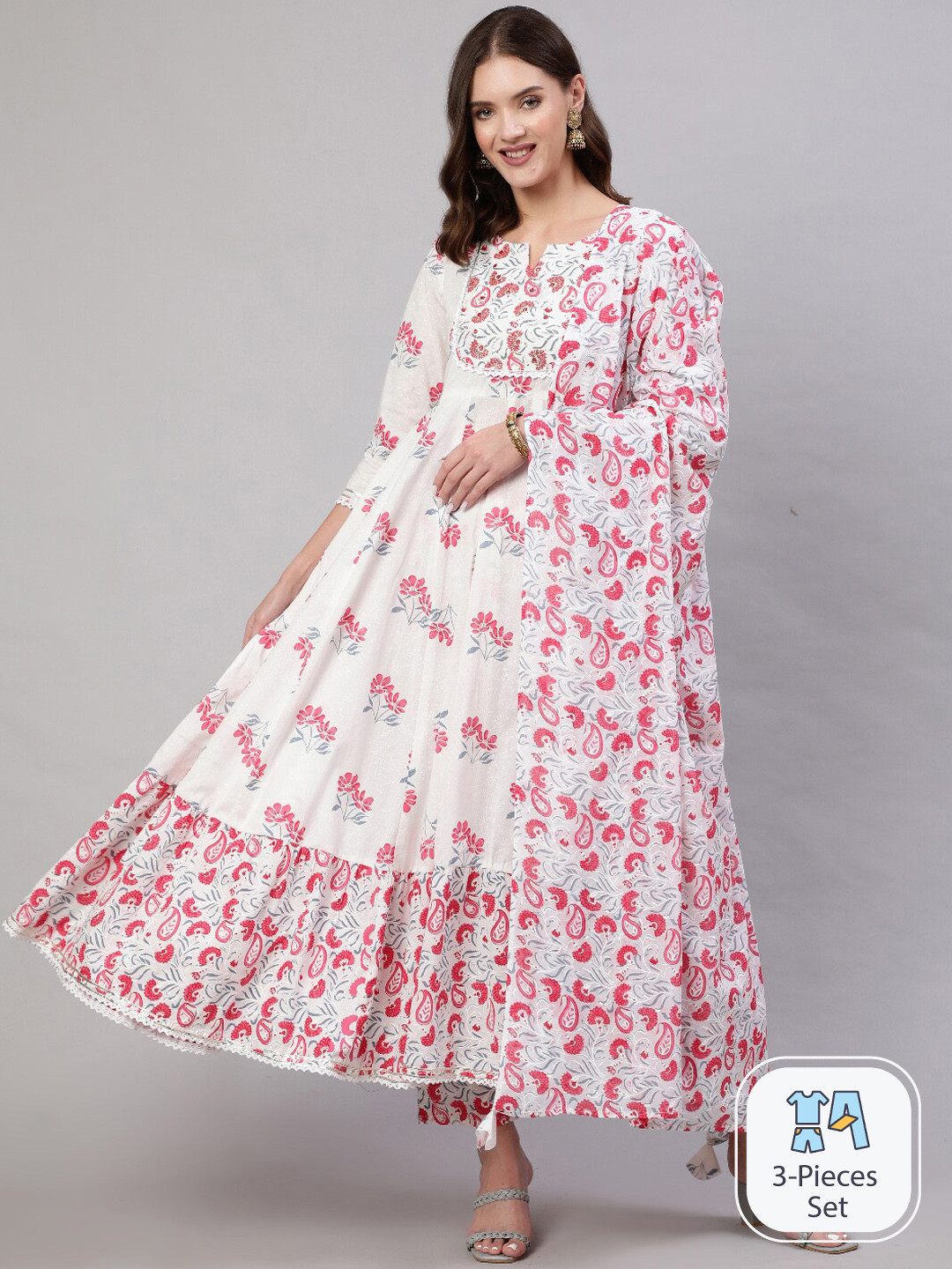 

Mizaz Floral Printed Empire Pure Cotton Kurta with Trousers & Dupatta, Pink