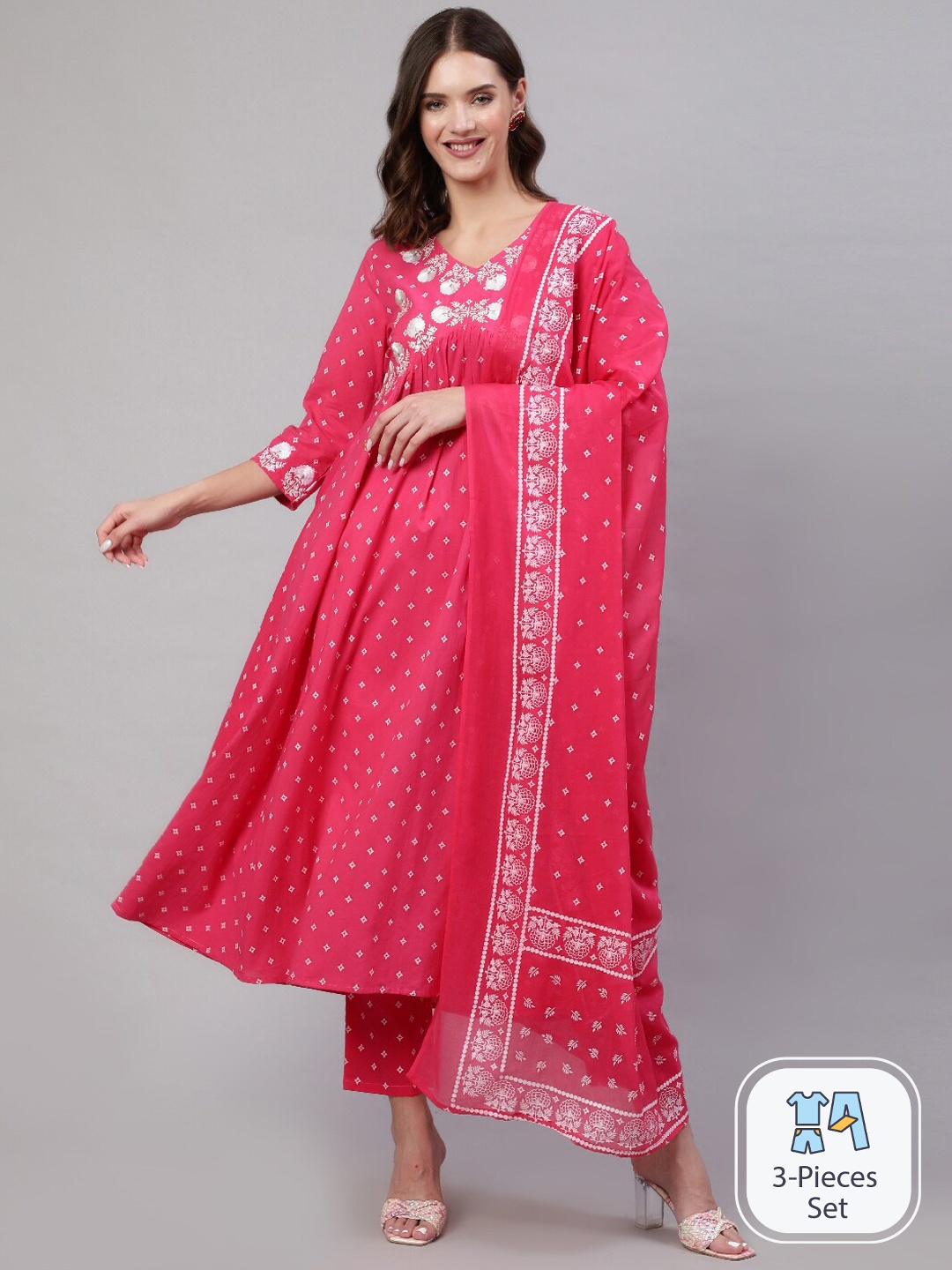 

Mizaz Floral Embroidered Empire Pure Cotton Kurta with Trousers & Dupatta, Pink