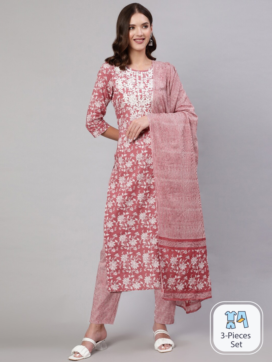 

Mizaz Floral Printed Thread Work Pure Cotton Kurta With Trousers & Dupatta, Pink