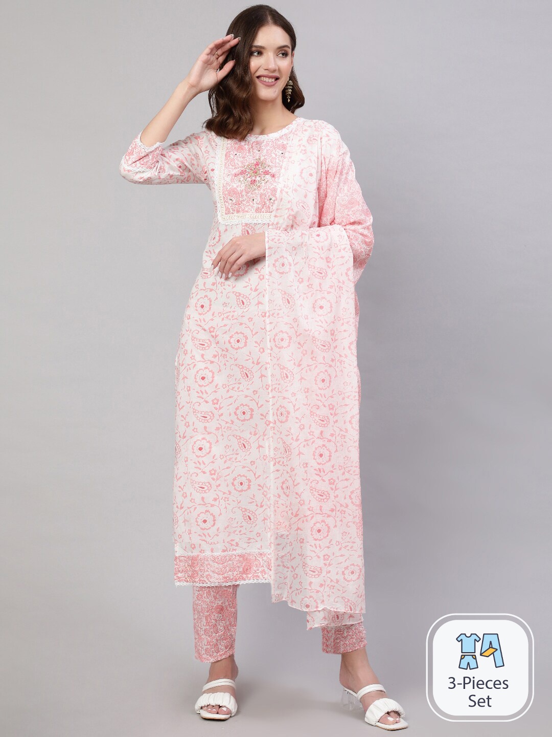 

Mizaz Ethnic Motifs Printed Zardozi Pure Cotton Kurta With Trousers & Dupatta, Pink