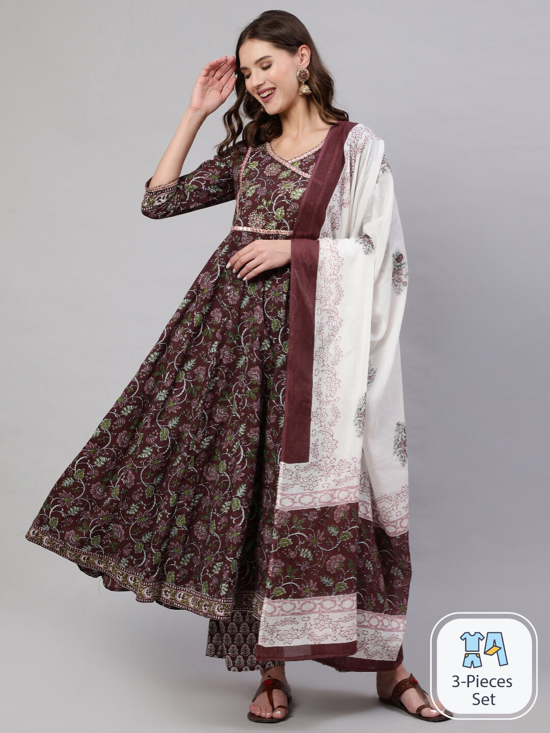 

Mizaz Floral Printed Regular Pure Cotton Kurta with Trousers & Dupatta, Brown